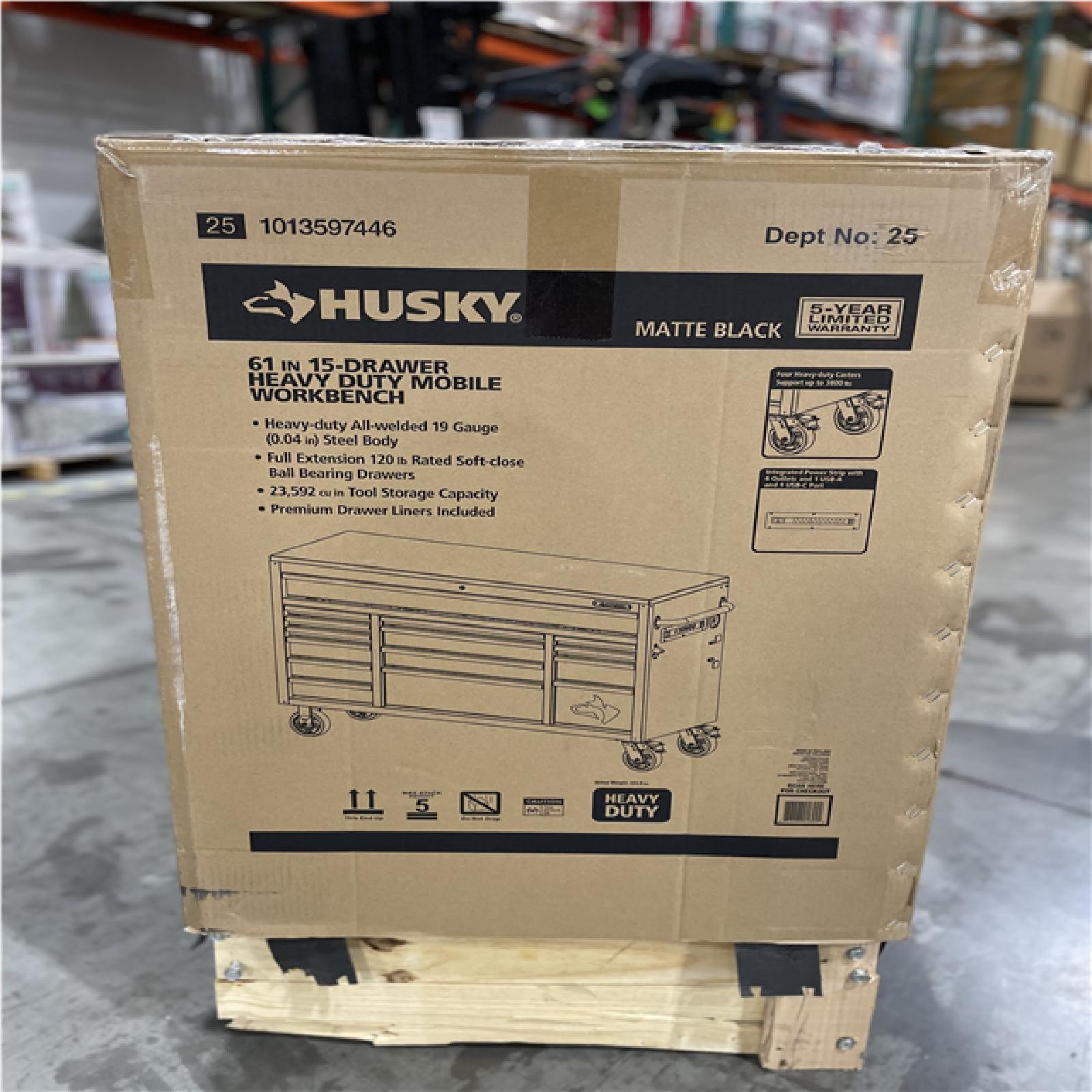 DALLAS LOCATION- AS-IS HUSKY 61IN 15 DRAWER HEAVY DUTY MOBILE WORKBENCH