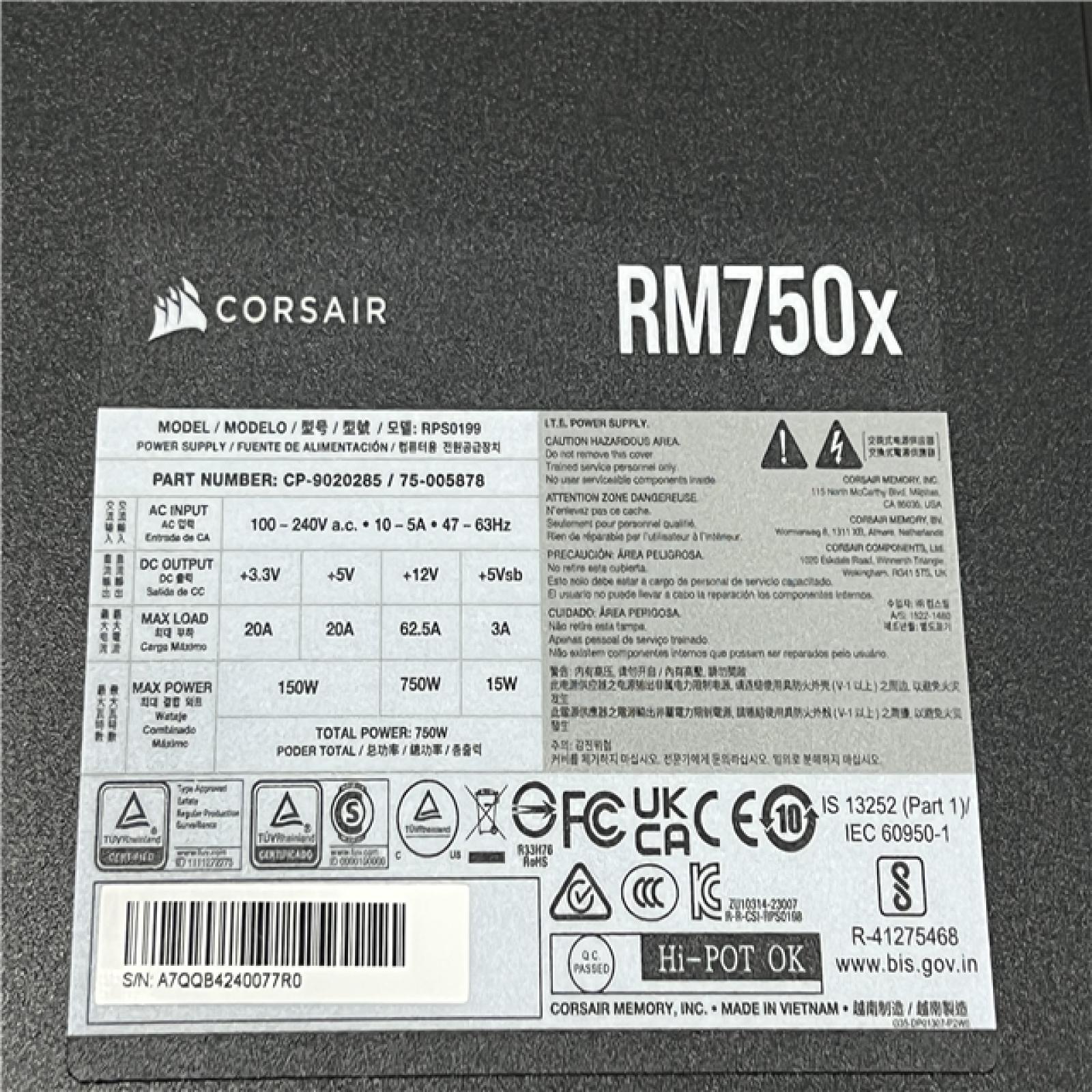 AS-IS CORSAIR RMx Series RM750x ATX Power Supply - Fully Modular - ATX 3.1 - PCIe 5.1 - Cybenetics Gold - Low-Noise - Japanese Capacitors - 750 Watts