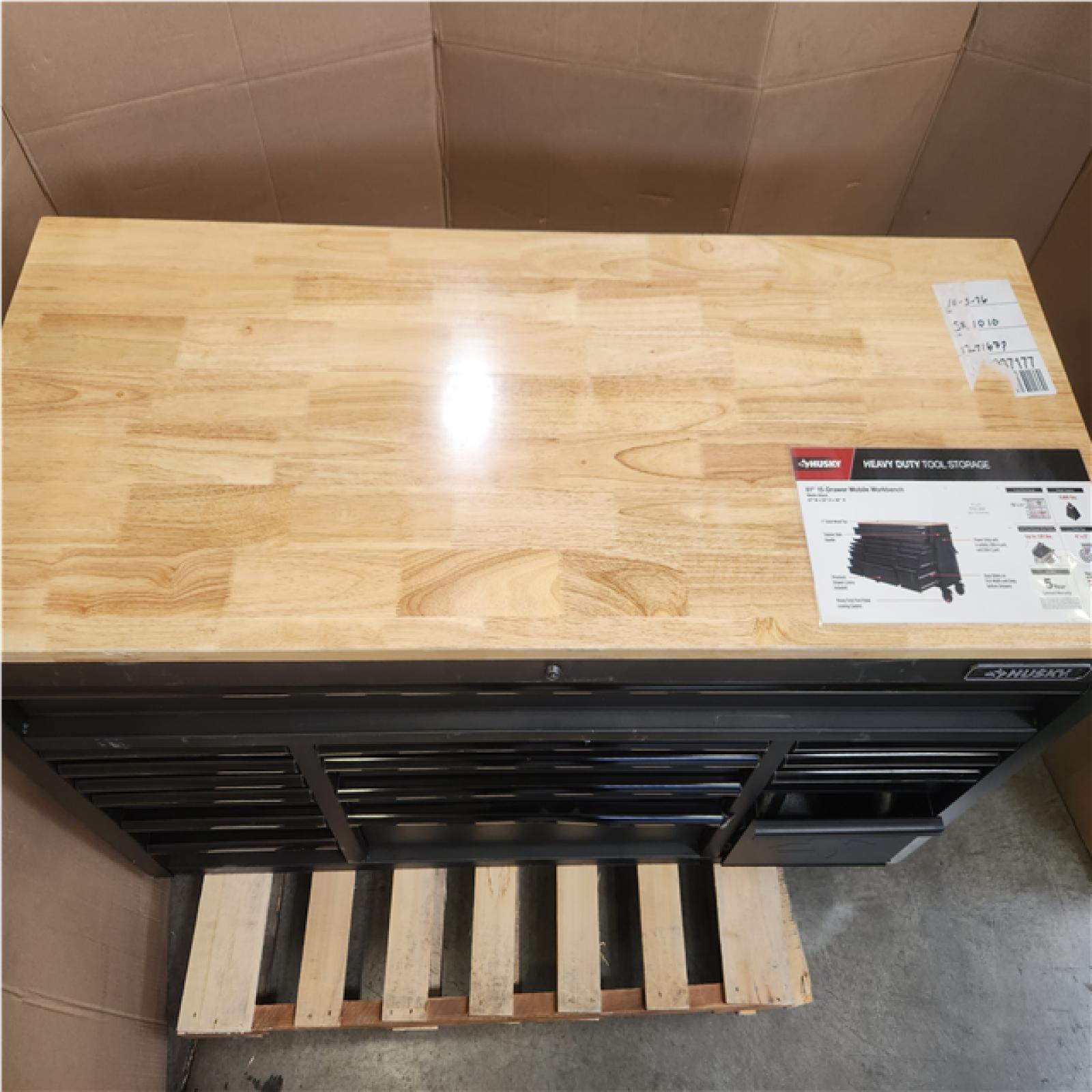 Phoenix LIKE NEW Husky Heavy Duty 61 in. W x 22 in. D 15-Drawer Matte Black Mobile Workbench Cabinet with Solid Wood Top