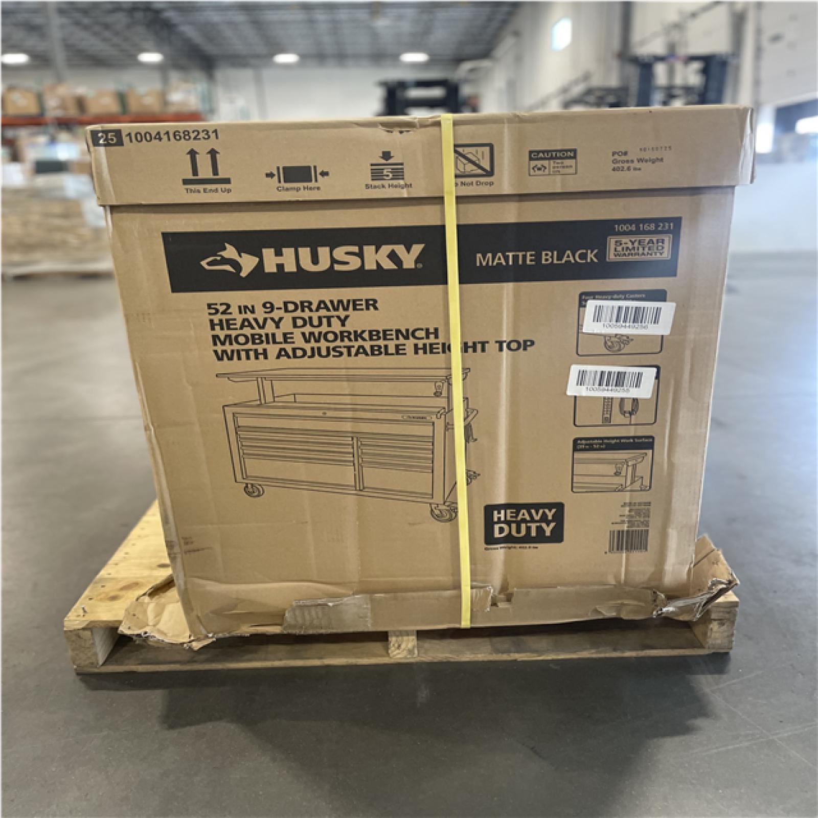 DALLAS LOCATION- AS-IS HUSKY 52 in. W x 25 in. D Heavy Duty 9-Drawer Mobile Workbench Cabinet w/ Adjustable-Height Hardwood Top