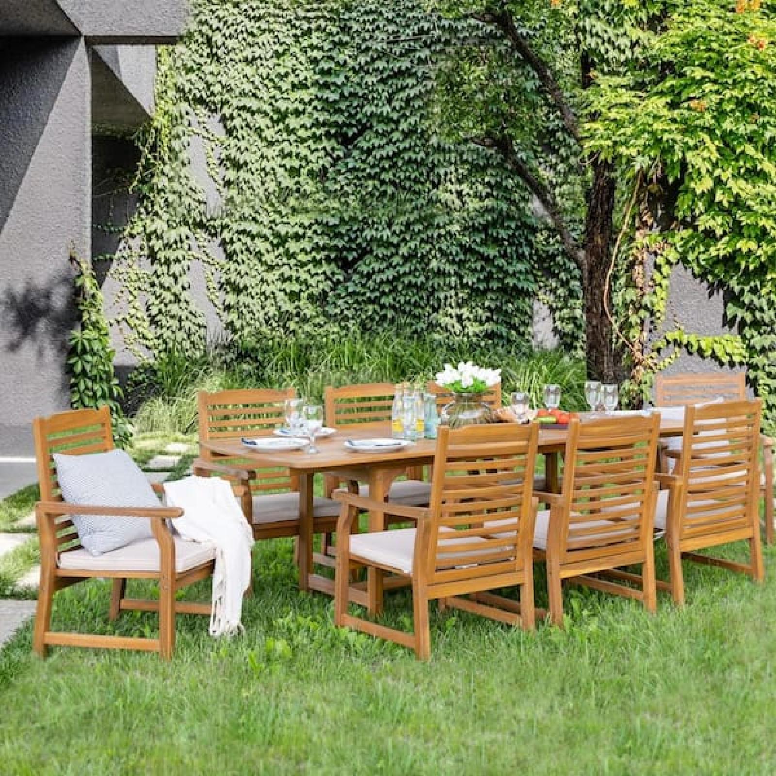 Phoenix NEW PHI VILLA Brown 9-Piece Wood Patio Outdoor Dining Set With Extendable Table and Wood Chairs With Beige Cushion (SEALED)