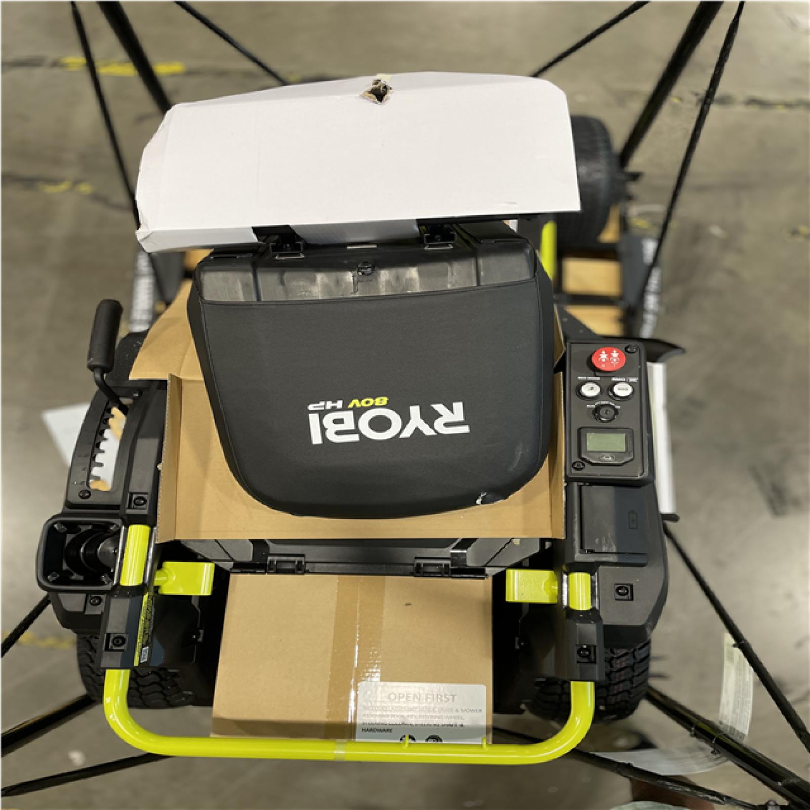 DALLAS LOCATION- AS-IS RYOBI R1 80V HP Electric 30 in. Riding Lawn Mower with 14 Ah Battery and Charger