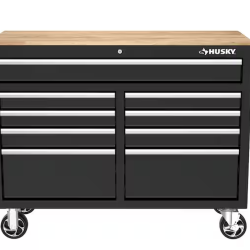 DALLAS LOCATION- AS-IS HUSKY 46 in. W x 18 in. D 9-Drawer Mobile Workbench Cabinet Gloss Black/Woodtop