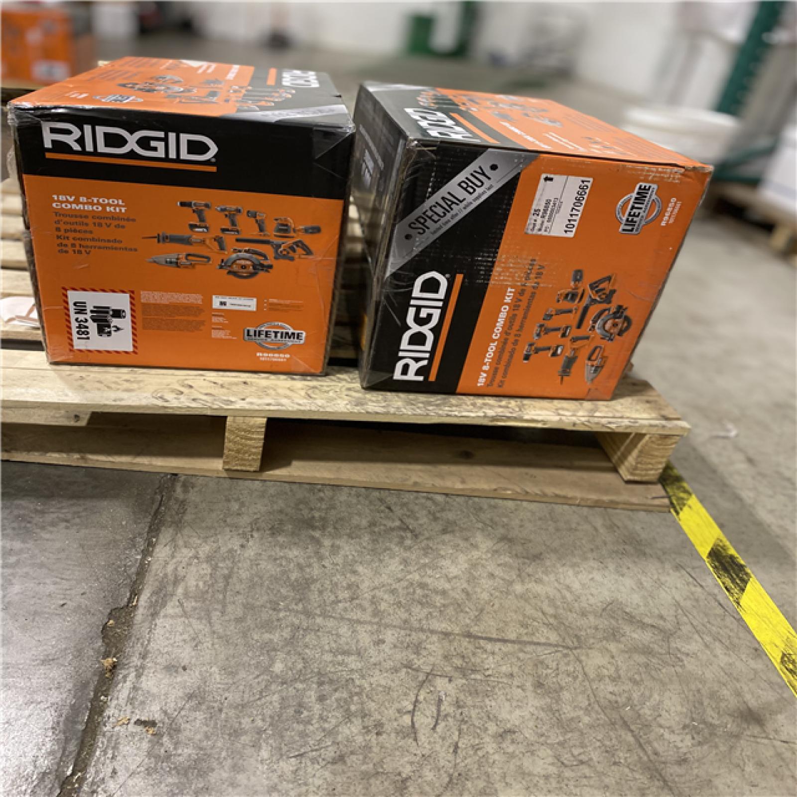 Dallas Location - NEW- 	RIDGID 18V Cordless 8-Tool CLombo Kit with 2.0 Ah Battery  4.0 Ah Battery  Charger  and Tool Bag(Lot Of 2)