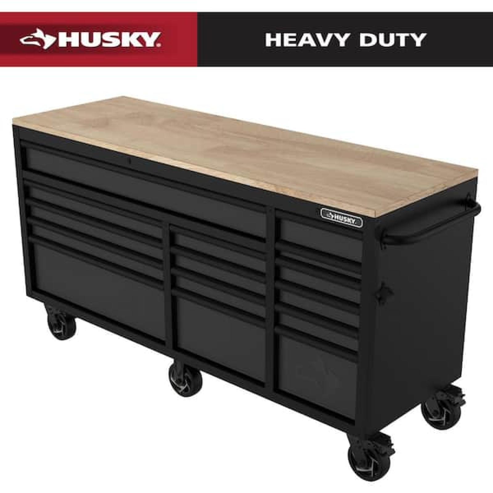 Phoenix Husky Heavy-Duty 72 in. W 15-Drawer Matte Black Mobile Workbench with Wood top