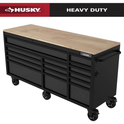 Phoenix Husky Heavy-Duty 72 in. W 15-Drawer Matte Black Mobile Workbench with Wood top