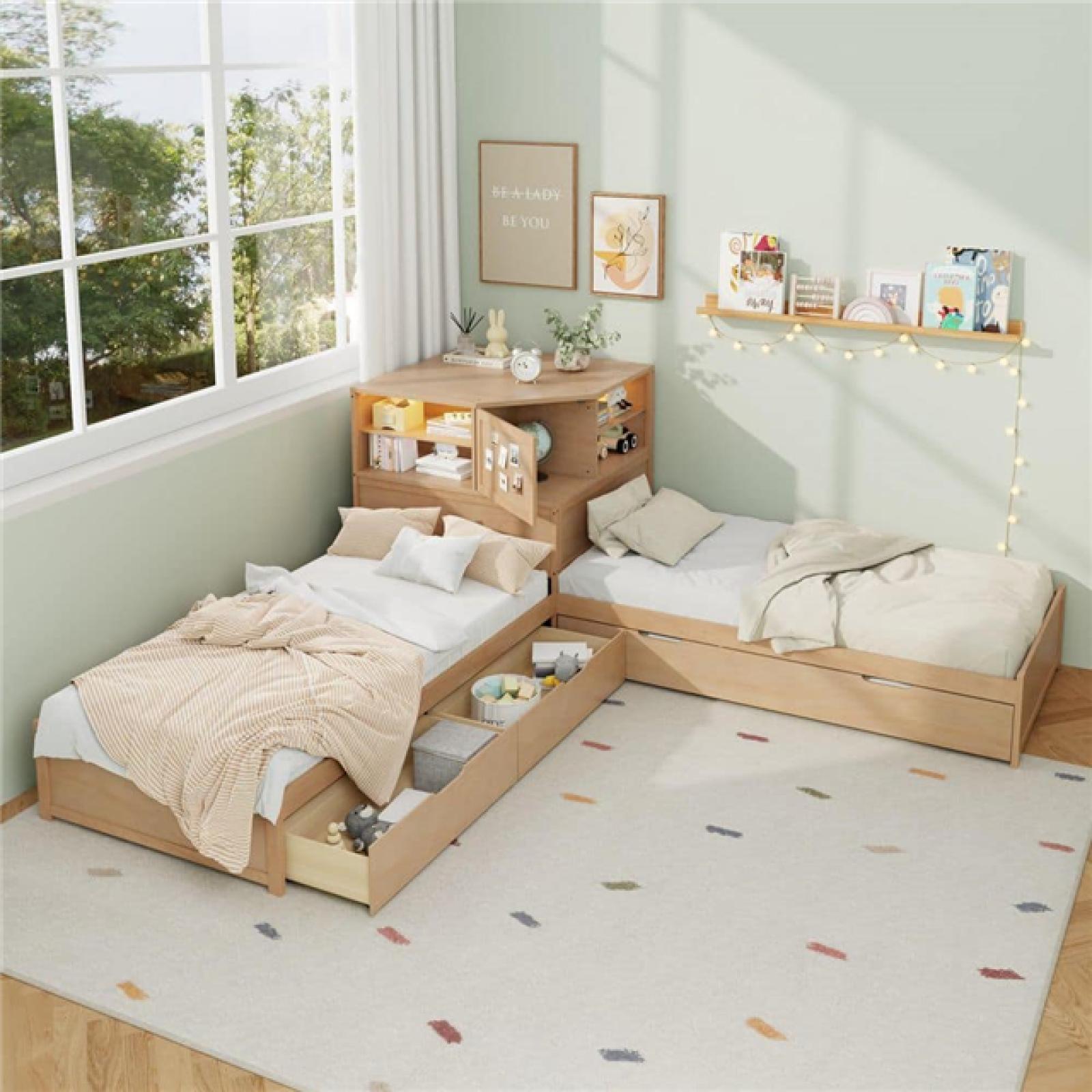 Phoenix NEW Harper & Bright Designs Natural (Yellow) Wood Frame Twin L-shaped Platform Bed with Trundle and Drawers Linked with Built-in Desk and LED