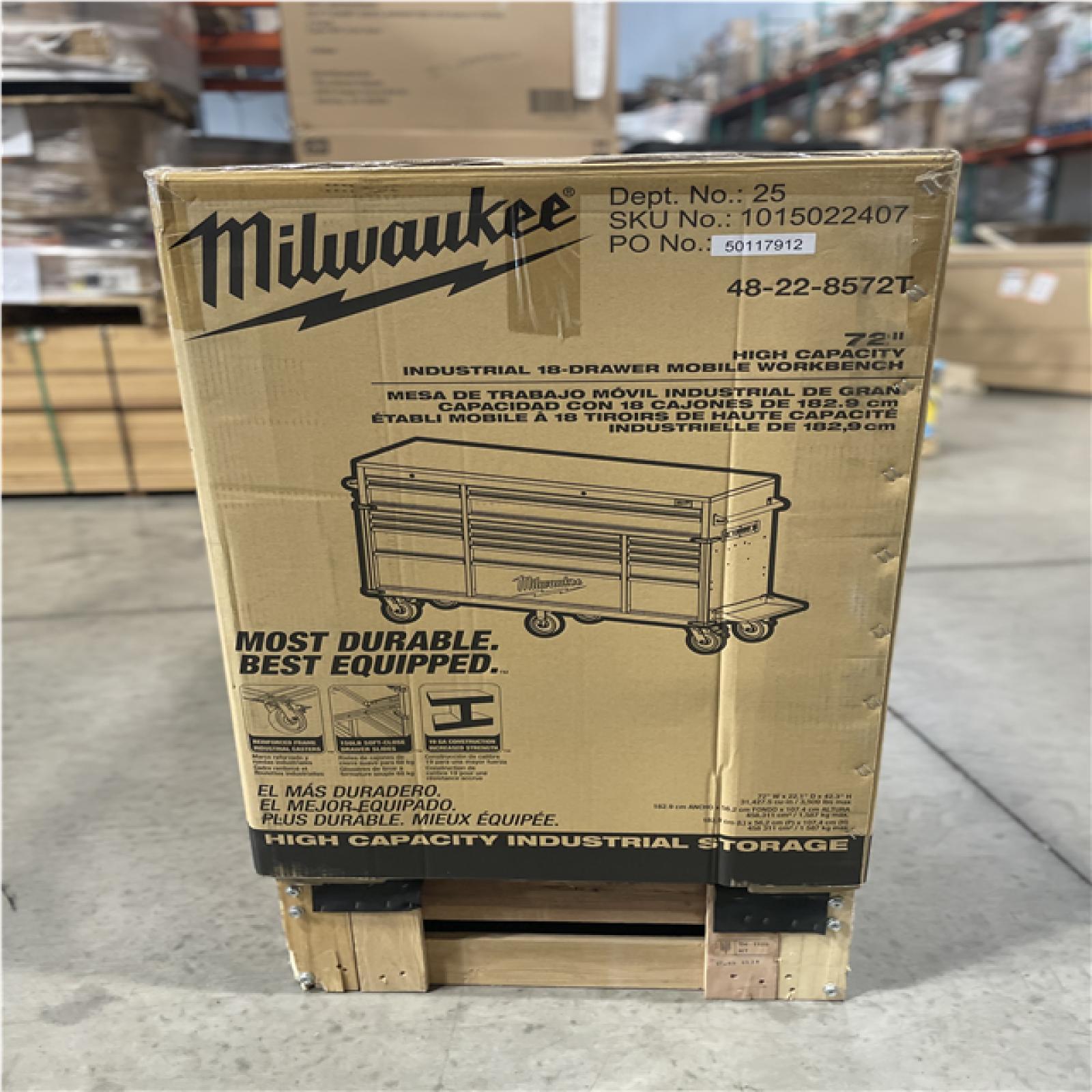 DALLAS LOCATION- MILWAUKEE 72 in. W x 22.1 in. D 18-Drawer Mobile Workbench Cabinet W/ WoodTop
