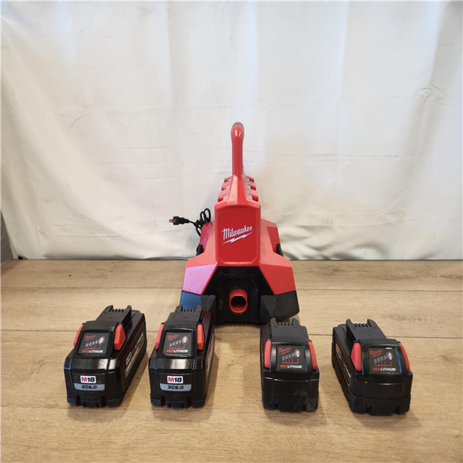 AS-IS- M18 18-Volt Lithium-Ion Battery Pack (2) 5.0Ah and High Output Battery Pack (2) 6.0Ah with PACKOUT 6-Port Rapid Charger