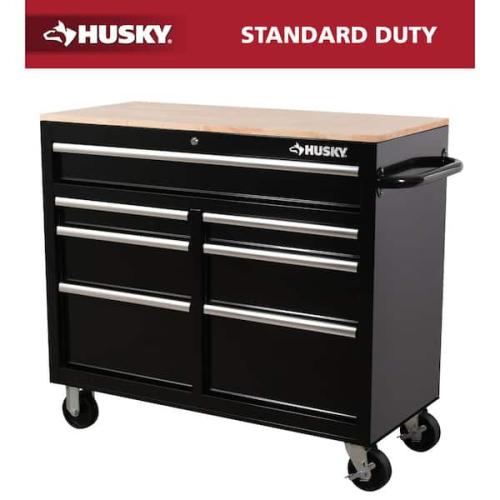 Phoenix NEW Husky Standard Duty 41 in. 7-Drawer Gloss Black Mobile Workbench Cabinet with Solid Wood Top
