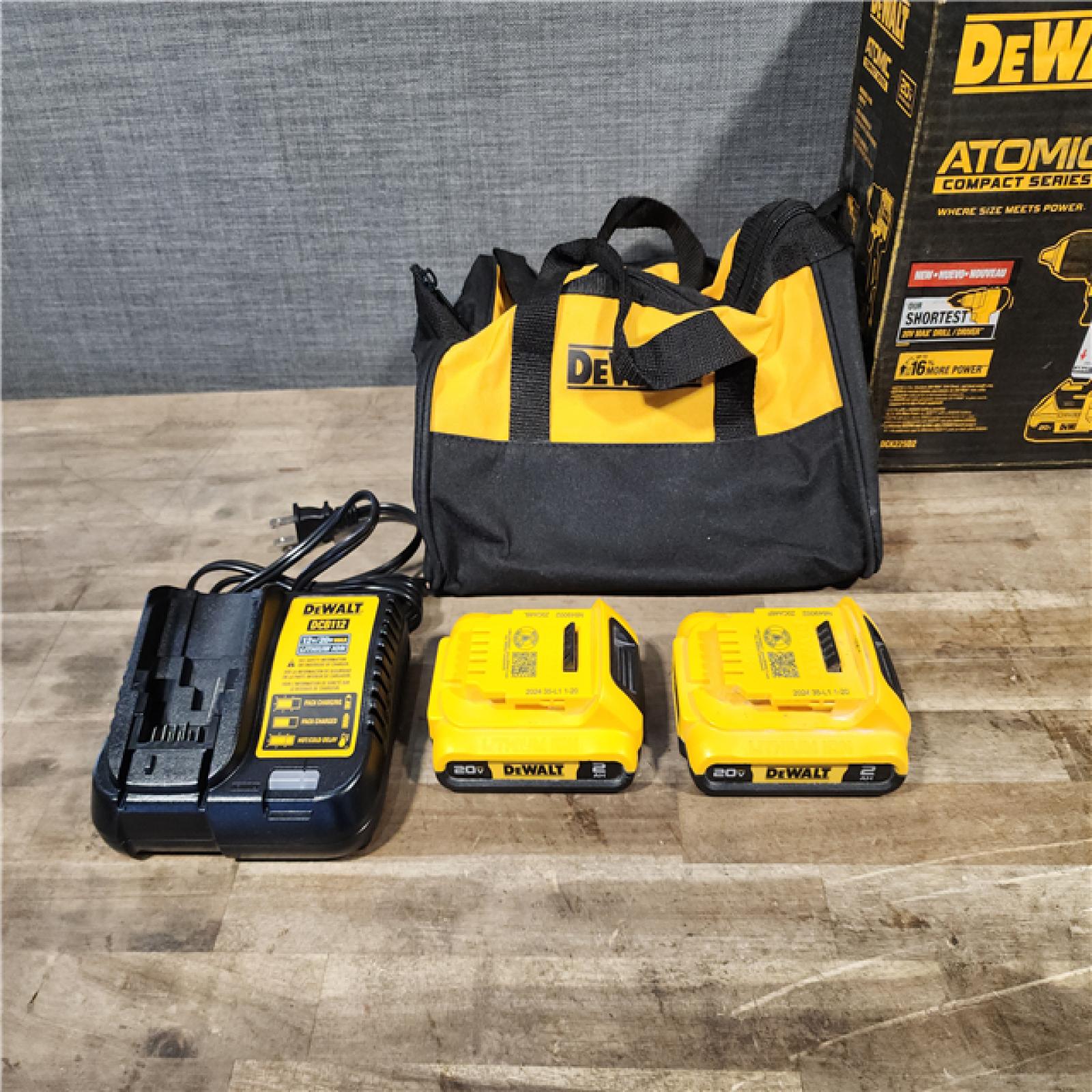 HOUSTON LOCATION - AS-IS Dewalt DCK225D2 20V MAX ATOMIC Brushless Compact Lithium-Ion 1/2 in. Cordless Drill Driver and 1/4 in. Impact Driver Combo Kit with 2 Batteries 2 Ah
