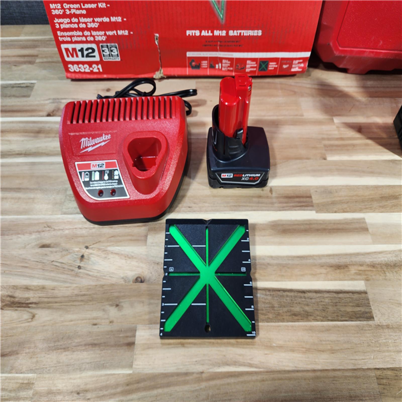 HOUSTON LOCATION - AS-IS Milwaukee-3632-21 M12 Green Beam Laser 360Â° 3-Plane Kit