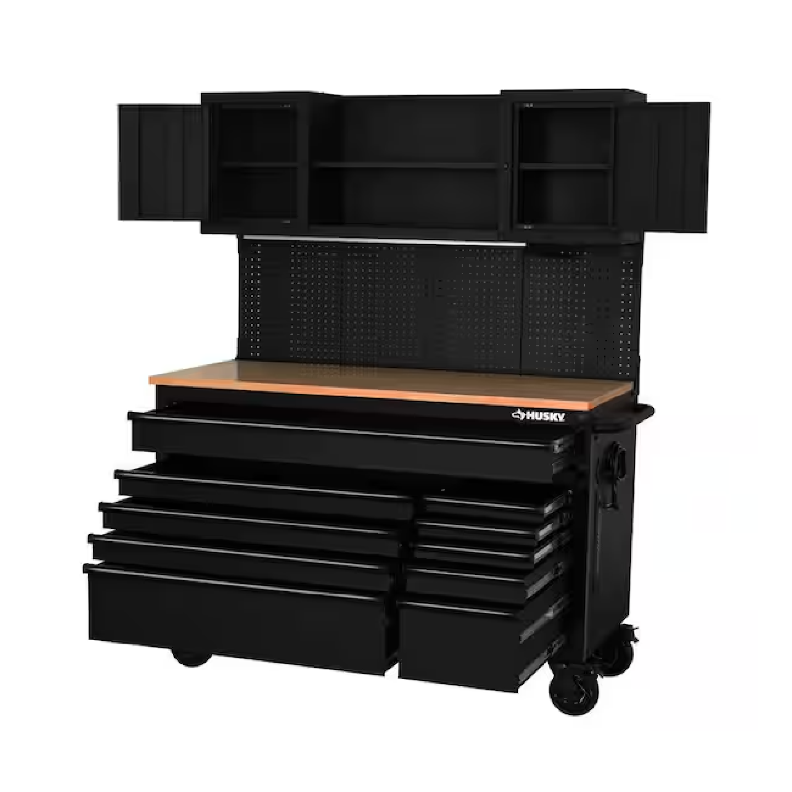 DALLAS LOCATION - HUSKY  Heavy Duty 56 in. W x 27.6 in. D 10-Drawer Matte Black Mobile Workbench Cabinet with Wood Top  Pegboard and Top Cabinets