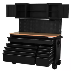 DALLAS LOCATION - HUSKY  Heavy Duty 56 in. W x 27.6 in. D 10-Drawer Matte Black Mobile Workbench Cabinet with Wood Top  Pegboard and Top Cabinets