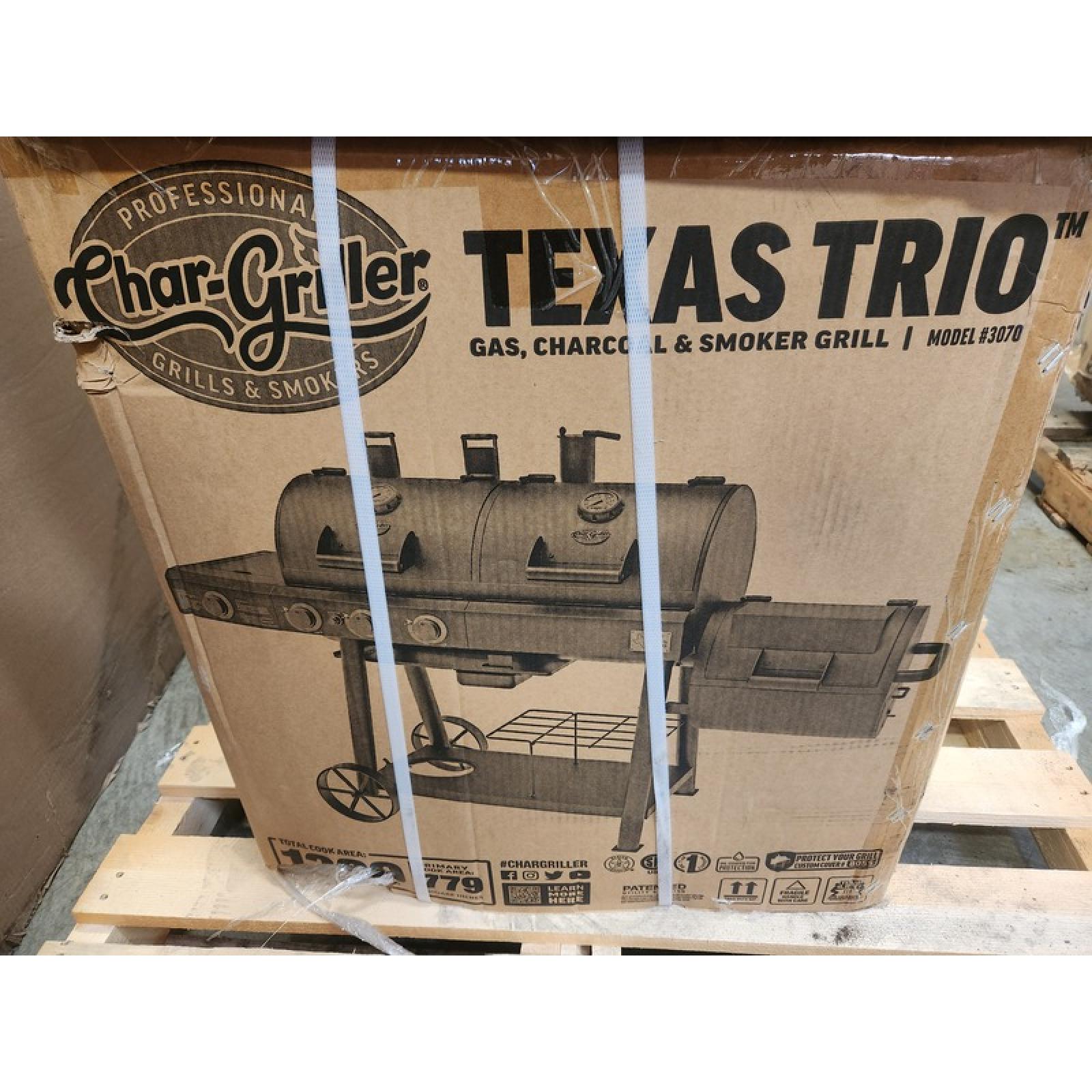 Phoenix NEW Char-Griller Texas Trio 4-Burner Dual Fuel Grill with Smoker in Black