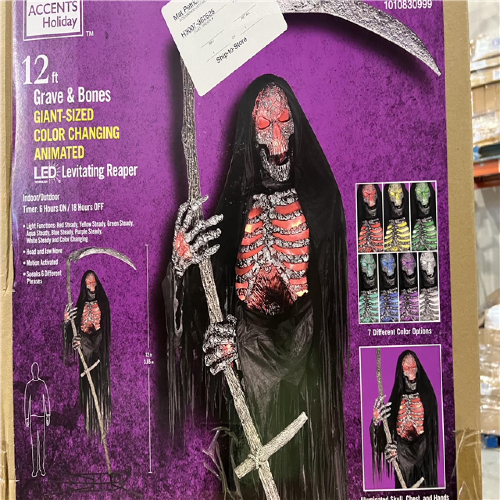 DALLAS LOCATION - AS-IS Home Accents Holiday 12 ft. Grave & Bones Giant-Sized Color Changing Animated LED Levitating Reaper