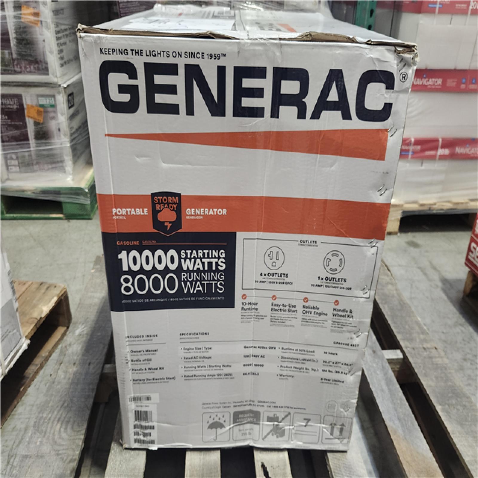 DALLAS LOCATION - Generac 10000 / 8000-Watt Electric Start Gasoline Powered Portable Generator w/ COSense and 3 ft. Adapter Cord Included