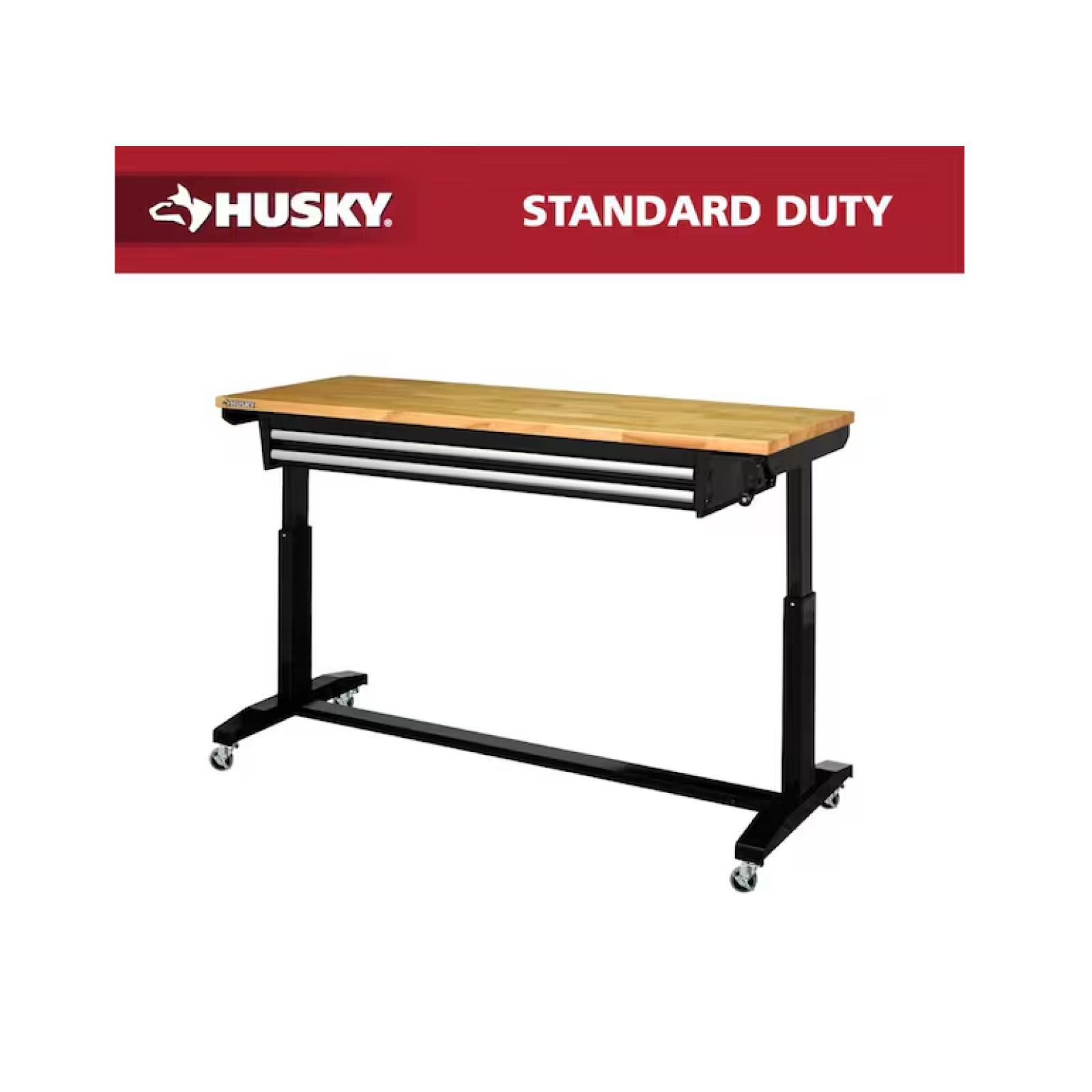 DALLAS LOCATION -Husky 62 in. W x 24 in. D 2-Drawer Adjustable Height Black Workbench Table with Solid Wood Top