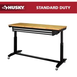 DALLAS LOCATION -Husky 62 in. W x 24 in. D 2-Drawer Adjustable Height Black Workbench Table with Solid Wood Top