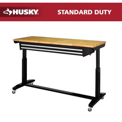 DALLAS LOCATION -Husky 62 in. W x 24 in. D 2-Drawer Adjustable Height Black Workbench Table with Solid Wood Top