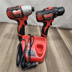 AS-IS- Milwaukee M12 Cordless Combination 3/8  Drill / Driver and 1/4  Hex Impact Driver Dual Power Tool Kit (2 Lithium Ion Batteries  Charger  and B