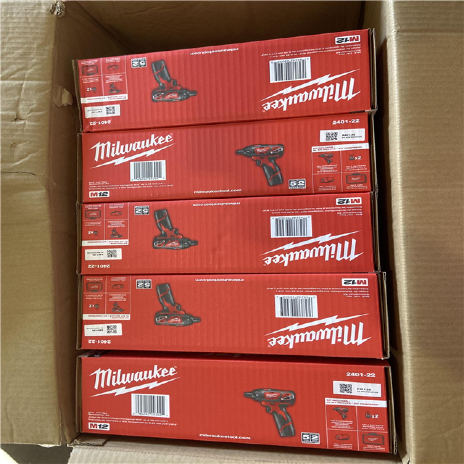 NEW! - Milwaukee M12 12V Lithium-Ion Cordless 1/4 in. Hex Screwdriver Kit with Two 1.5Ah Batteries  Charger and Tool Bag - 5 UNITS