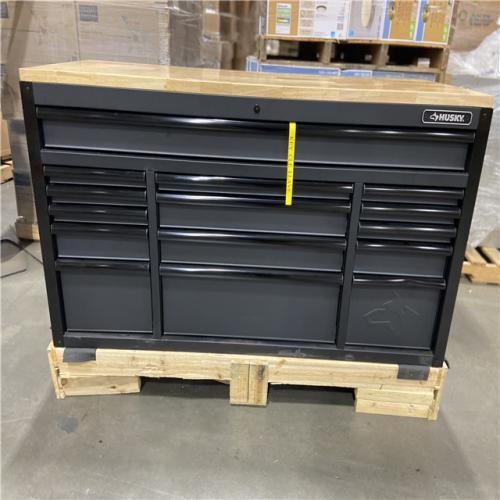 DALLAS LOCATION - Husky 61 in. W x 23 in. D Heavy Duty 15-Drawer Mobile Workbench Tool Chest with Solid Wood Top in Matte Black