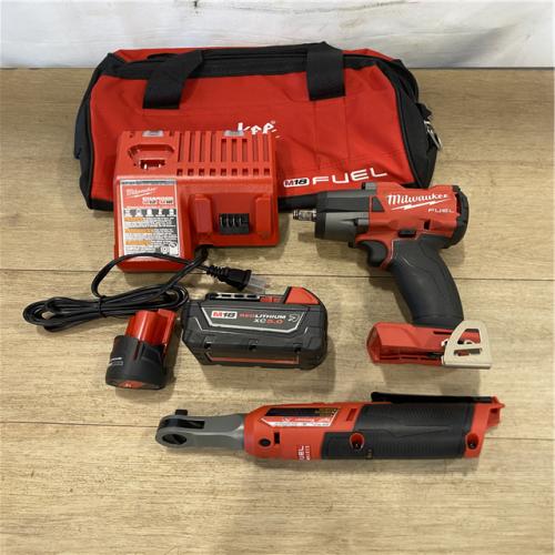 AS-IS Milwaukee M18 FUEL 18V Cordless Mid Torque 1/2 in. Impact Wrench W/ M12 FUEL 3/8 in. Ratchet & Battery/Charger Combo Kit