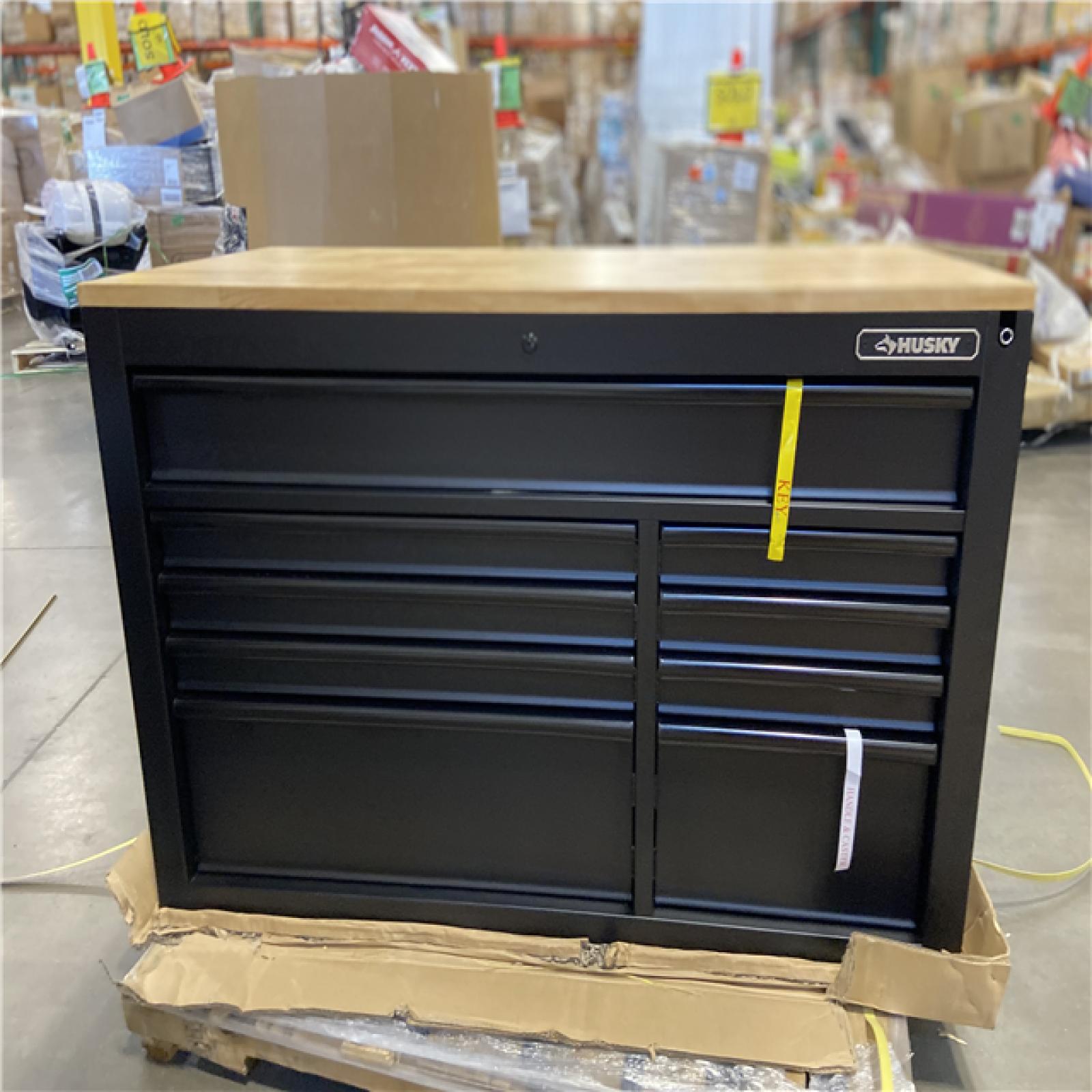 DALLAS LOCATION - Husky 52 in. W x 25 in. D Heavy Duty 9-Drawer Mobile Workbench Cabinet with Adjustable-Height Hardwood Top in Matte Black