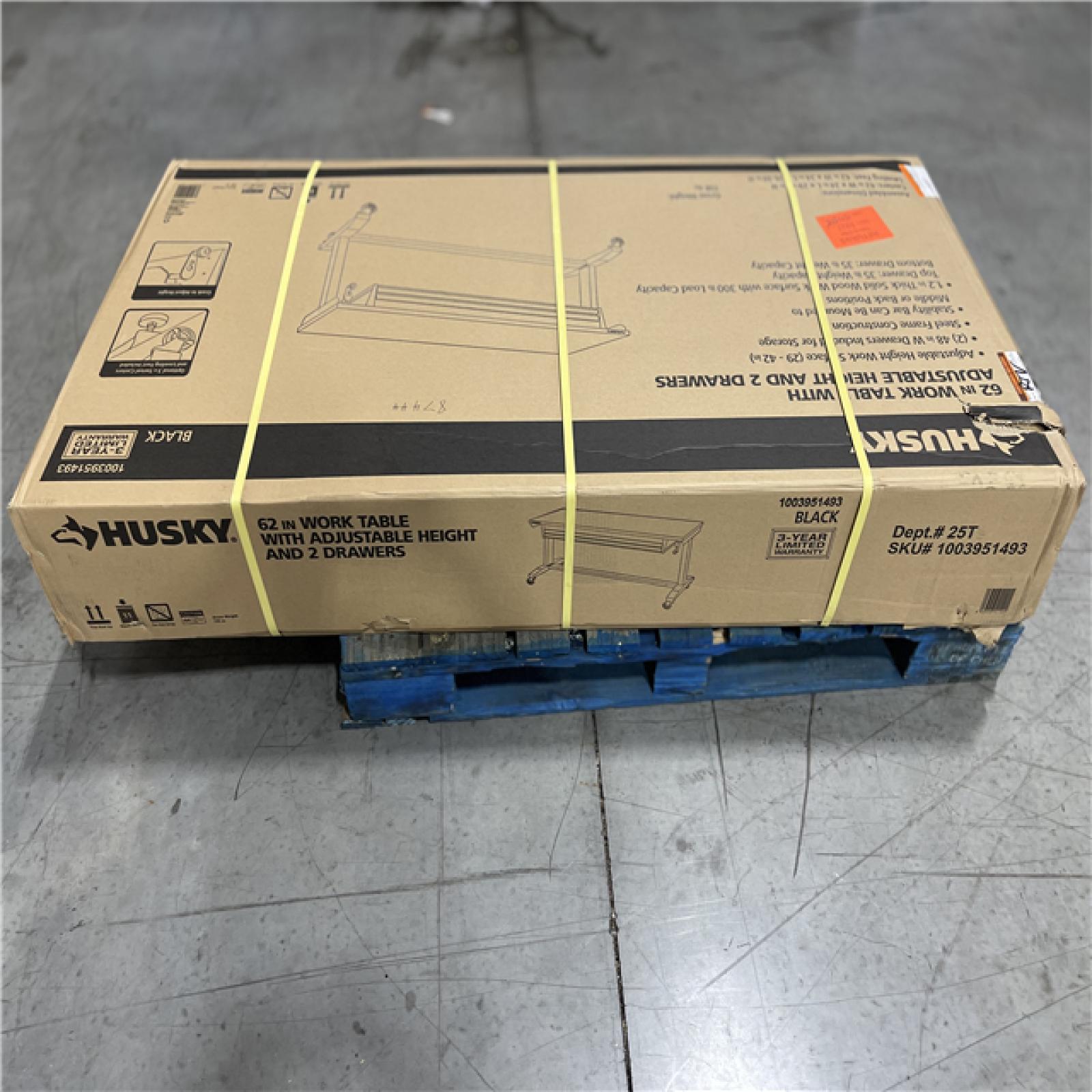 DALLAS LOCATION -Husky 62 in. W x 24 in. D 2-Drawer Adjustable Height Black Workbench Table with Solid Wood Top