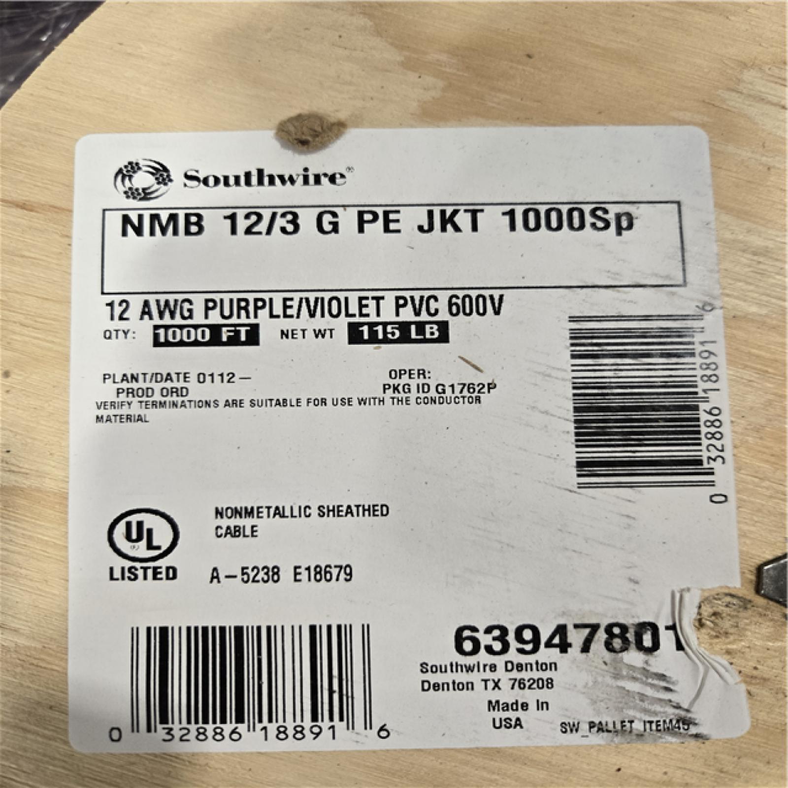 DALLAS LOCATION- Southwire 1000-ft 12 / 3 / Romex SIMpull Solid Indoor CU NM-B W/G PALLET (4 UNITS)
