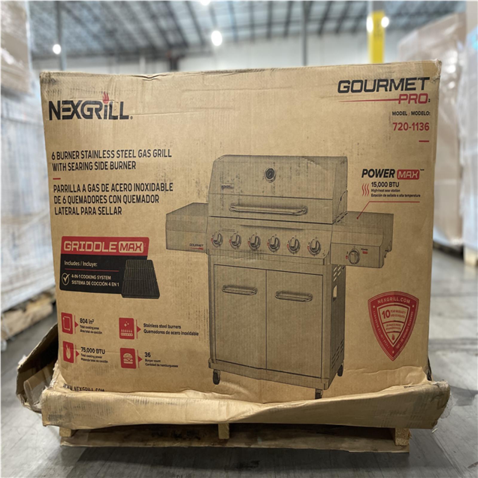 DALLAS LOCATION - AS-IS NEXGRILL 6-Burner Stainless Steel Grill with Searing Side Burner & Griddle Max Insert