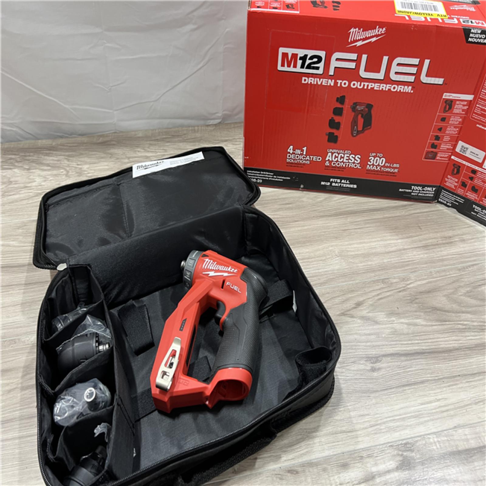 AS-IS Milwaukee FUEL 12V Lithium-Ion Brushless Cordless 4-in-1 Installation 3/8 in. Drill Driver with 4 Tool Head (Tool-Only)
