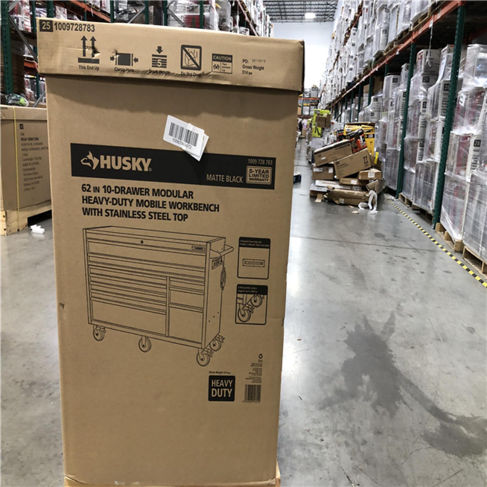 DALLAS LOCATION -  Husky Modular Tool Storage 62 in. W X 24 in. D Heavy Duty Matte Black Mobile Workbench Cabinet with Stainless Steel Top