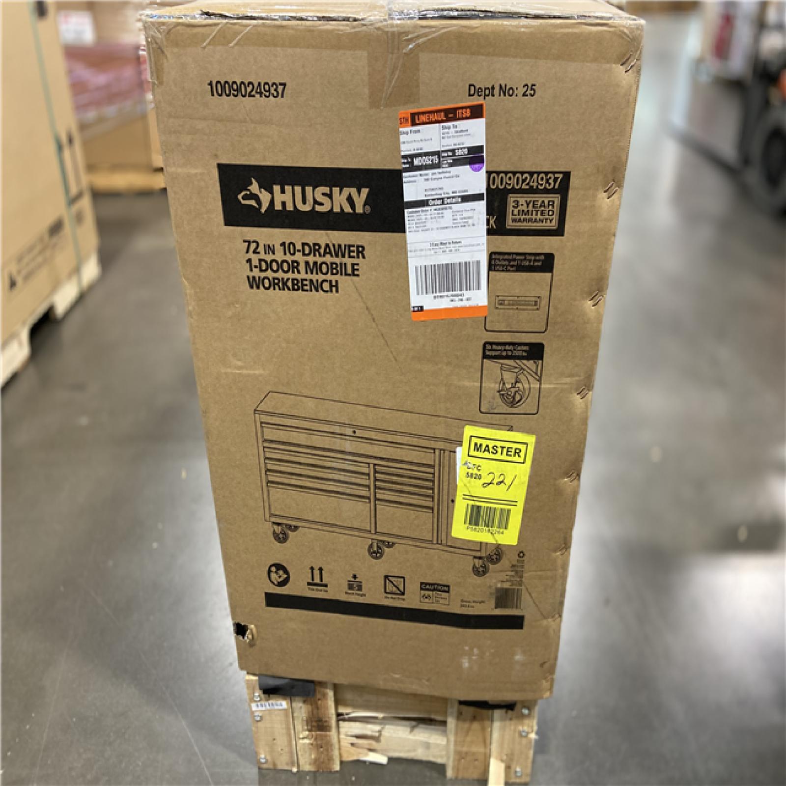 DALLAS LOCATION -  Husky Standard Duty 72 in. W x 20 in. D 10-Drawer Black Mobile Workbench Cabinet with Solid Wood Top