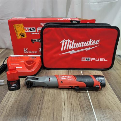 AS-IS  Milwaukee M12 FUEL 12-Volt Lithium-Ion Brushless Cordless 1/2 in. Ratchet Kit W/ (2) 2.0Ah Batteries, Charger & Tool Bag