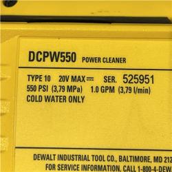 AS-IS DEWALT 20V MAX 550 PSI 1.0 GPM Cold Water Cordless Power Cleaner with 4-Nozzles (Tool Only)