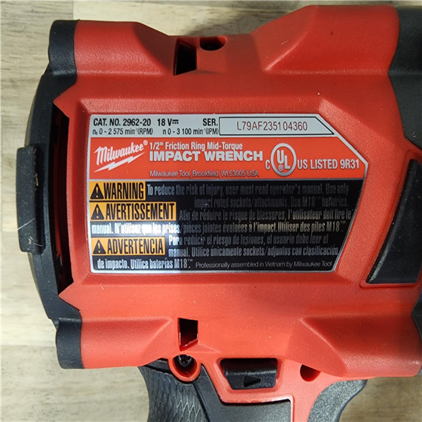 HOUSTON LOCATION - AS-IS Milwaukee M18 18V Fuel 1/2  Mid-Torque Impact Wrench Cordless Lithium-Ion Brushless with Friction Ring 2962-20 (TOOL ONLY)
