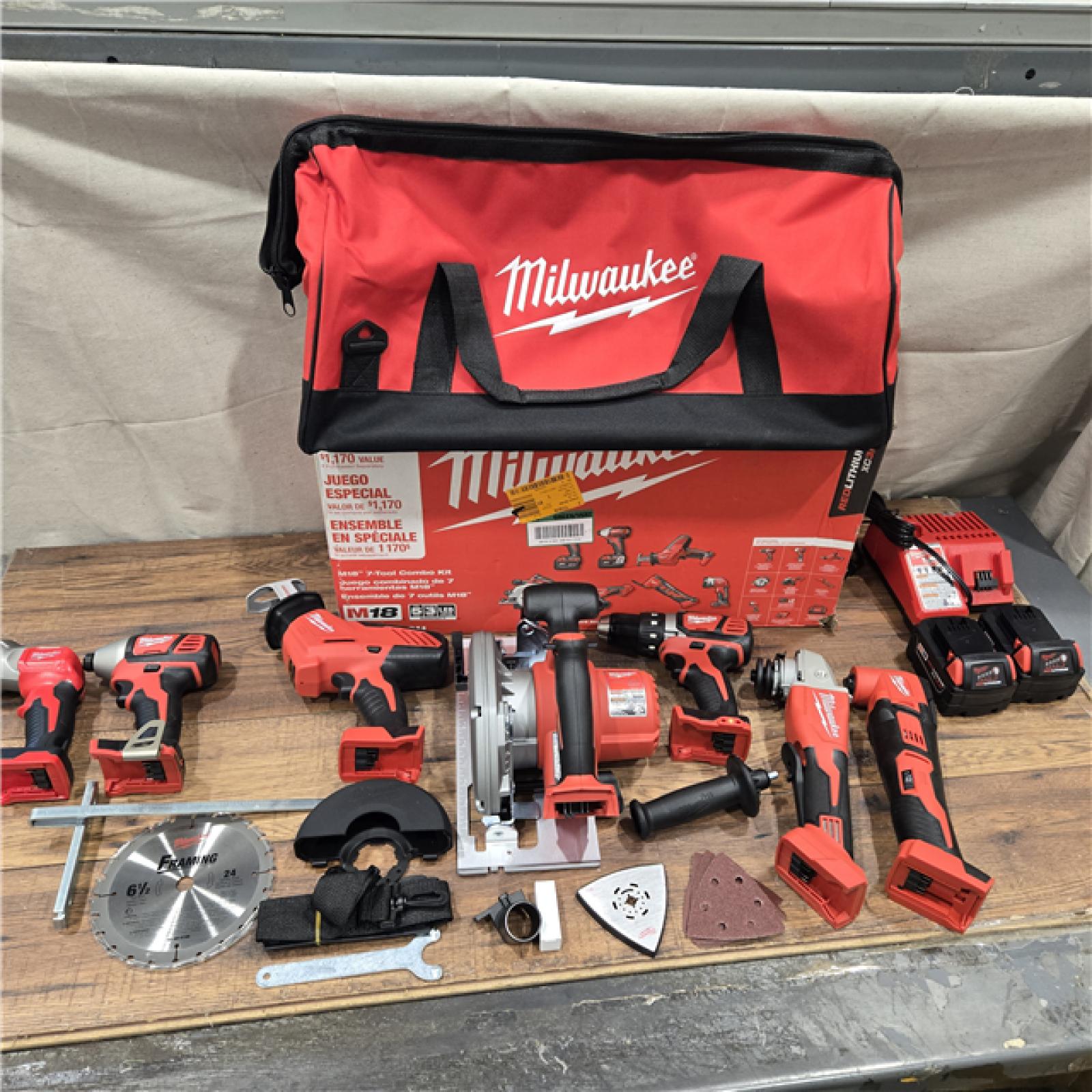 GOOD- Milwaukee M18 18-Volt Lithium-Ion Cordless Combo Kit 7-Tool with 2-Batteries, Charger and Tool Bag