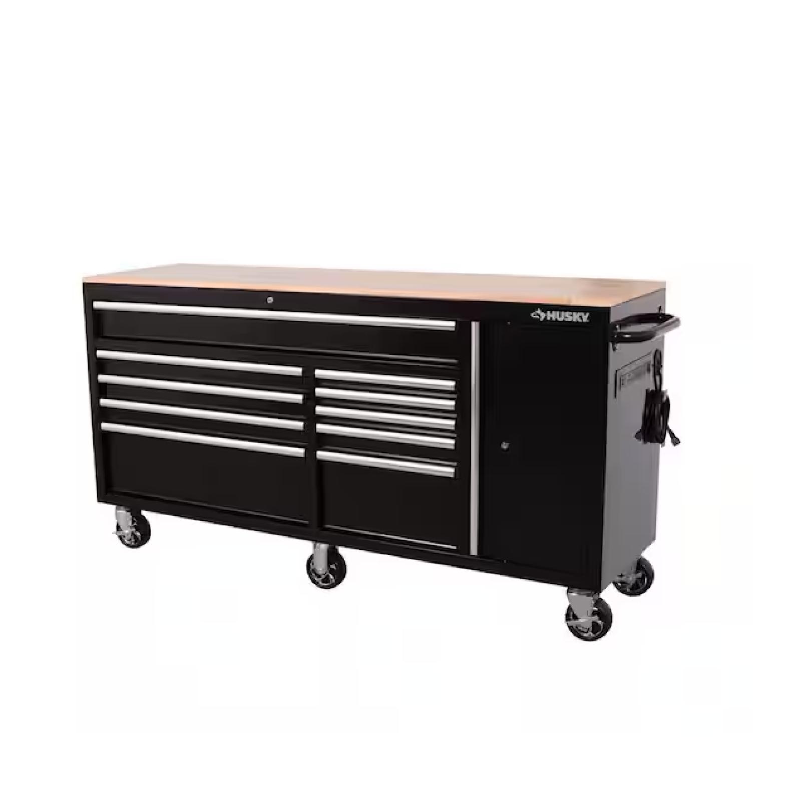DALLAS LOCATION -  Husky Standard Duty 72 in. W x 20 in. D 10-Drawer Black Mobile Workbench Cabinet with Solid Wood Top
