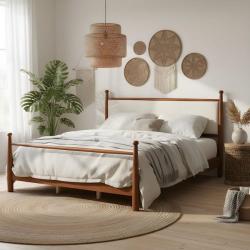 Phoenix NEW CHRISTOPHER KNIGHT HOME Oxair Modern Walnut Brown Wood Frame King Size Platform Bed with Beige Upholstered Headboard