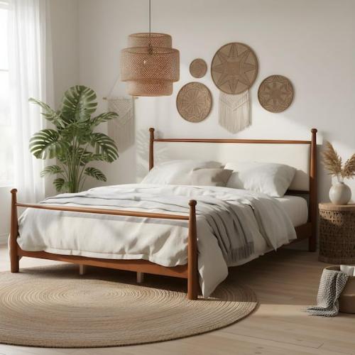 Phoenix NEW CHRISTOPHER KNIGHT HOME Oxair Modern Walnut Brown Wood Frame King Size Platform Bed with Beige Upholstered Headboard