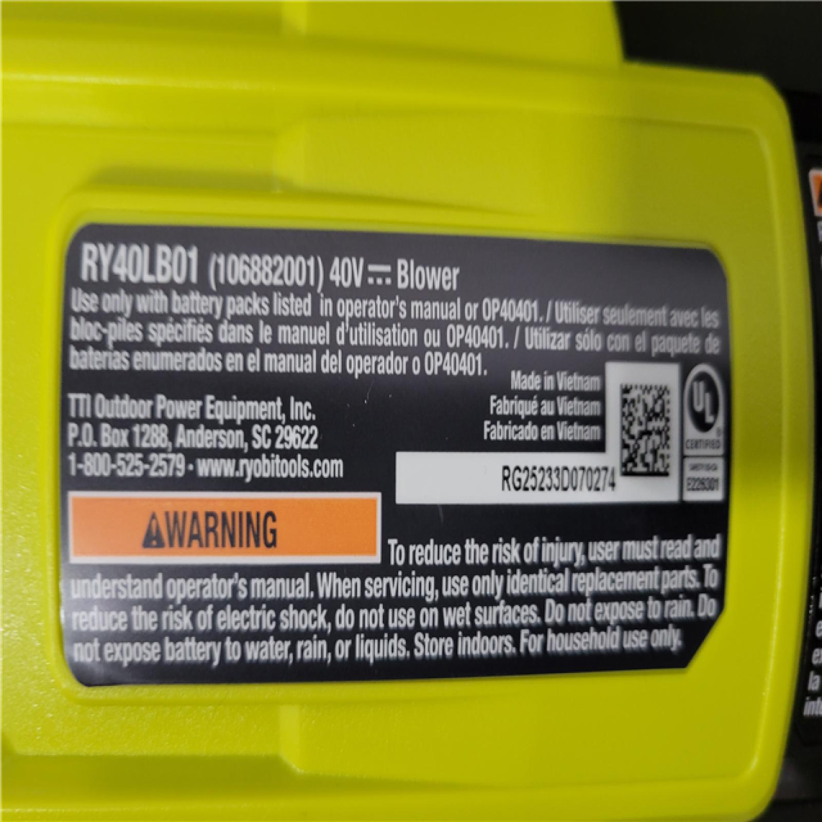 California NEW Ryobi 40V  550 CFM Blower  includes (1) Battery & Charger