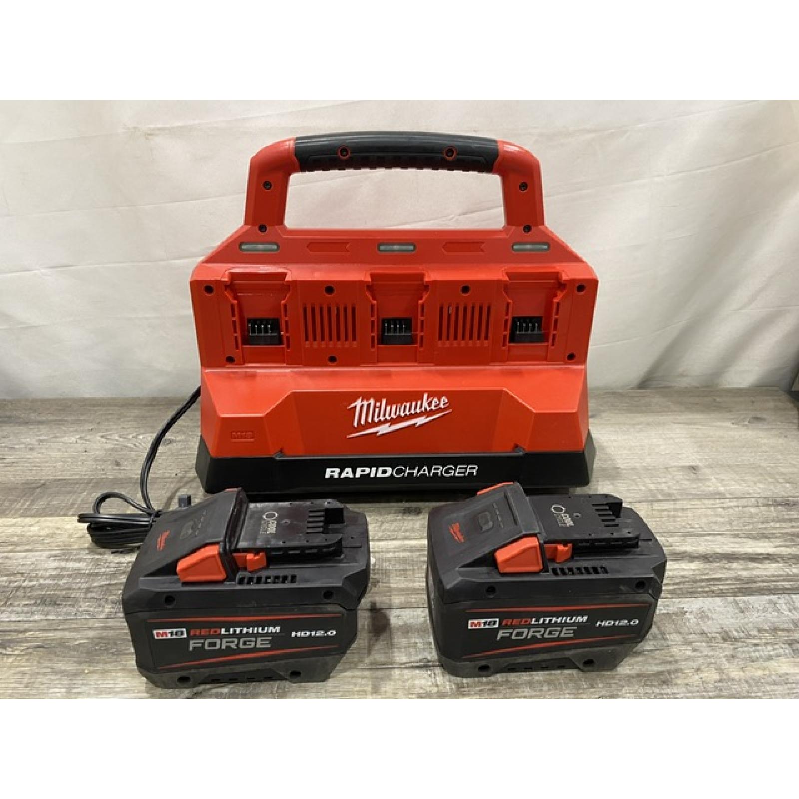 AS-IS Milwaukee 18V Lithium-Ion REDLITHIUM FORGE Starter Kit with (2) 12.0 Ah Battery Pack and PACKOUT 6-Port Rapid Charger