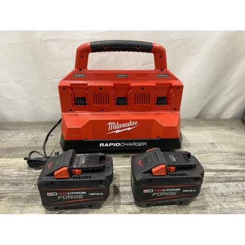 AS-IS Milwaukee 18V Lithium-Ion REDLITHIUM FORGE Starter Kit with (2) 12.0 Ah Battery Pack and PACKOUT 6-Port Rapid Charger