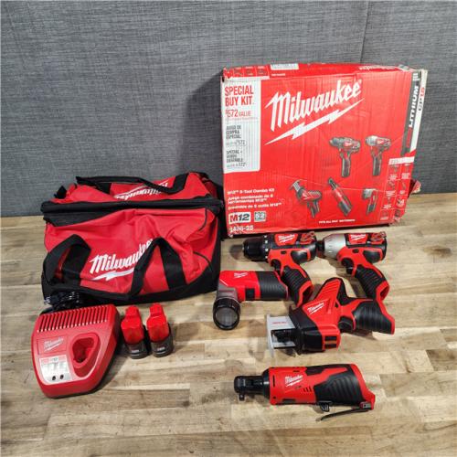 HOUSTON LOCATION - AS-IS (APPEARS LIKE NEW) MILWAUKEE M12 12V Lithium-Ion Cordless Combo Kit (5-Tool) with Two 1.5Ah Batteries, Charger & Tool Bag