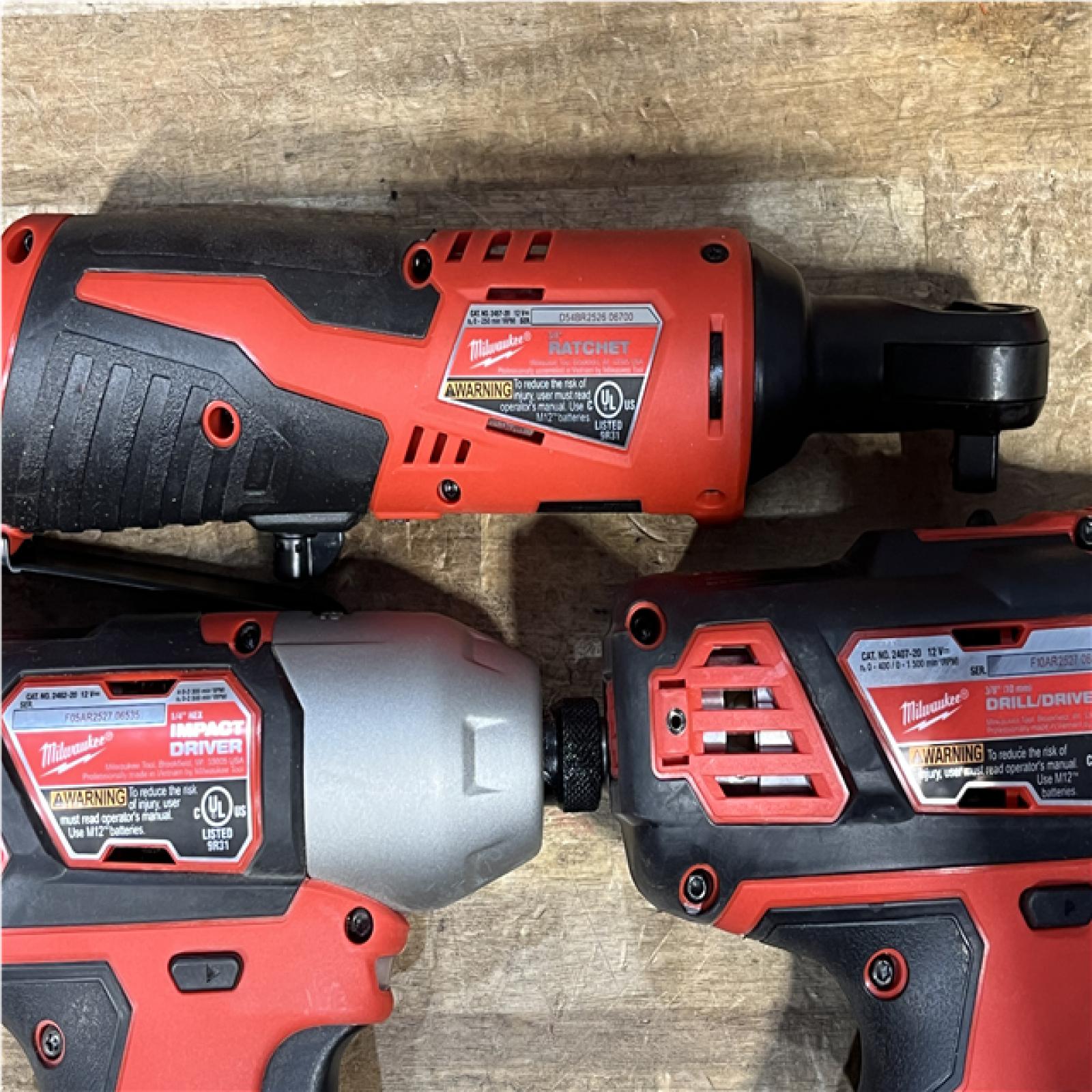 Houston Location AS-IS Milwaukee Drill Driver and Impact Driver and Ratchet and Batteries QTY/2 with Charger