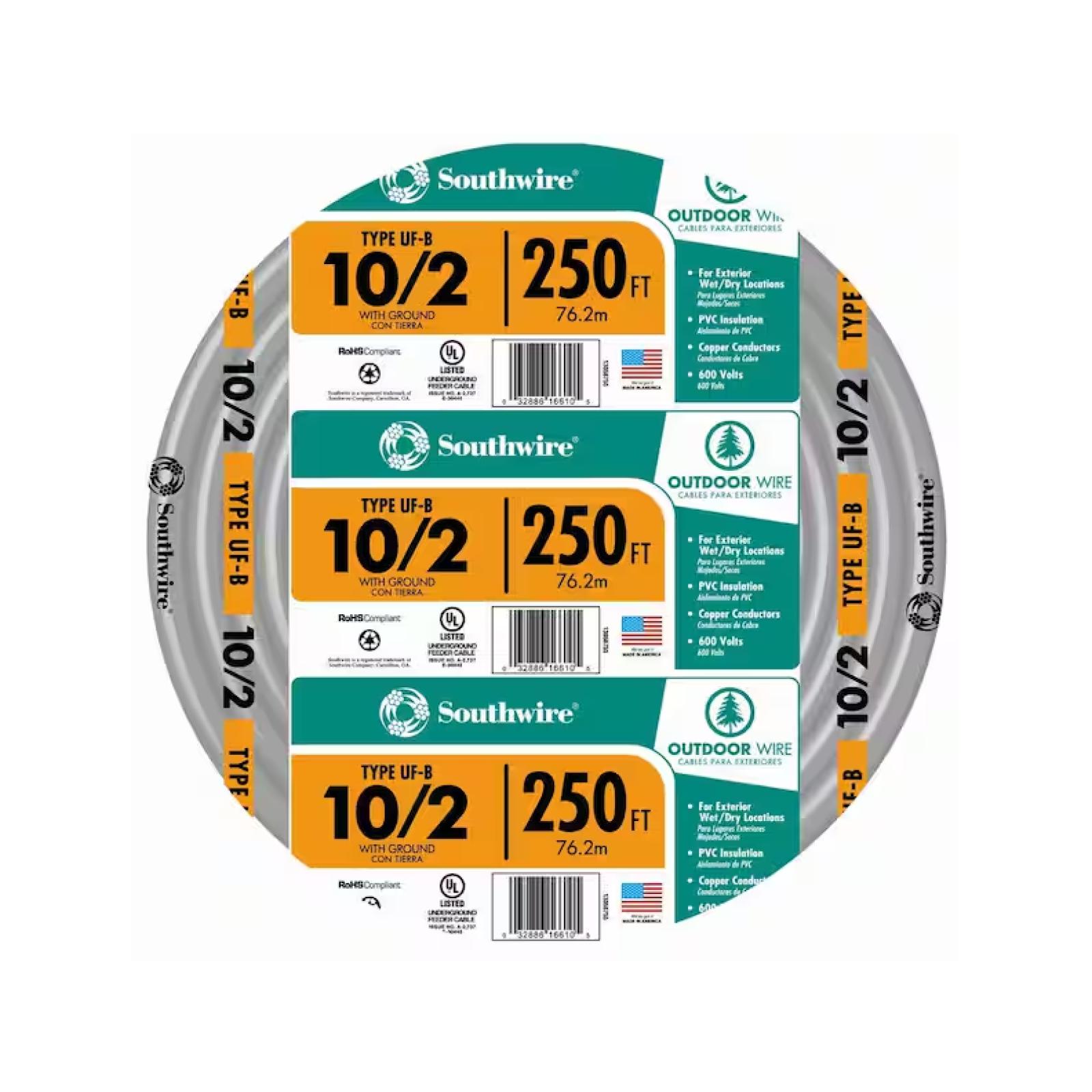 DALLAS LOCATION - Southwire 250 ft. 10/2 Gray Solid CU UF-B W/G Wire PALLET-(6 UNITS)