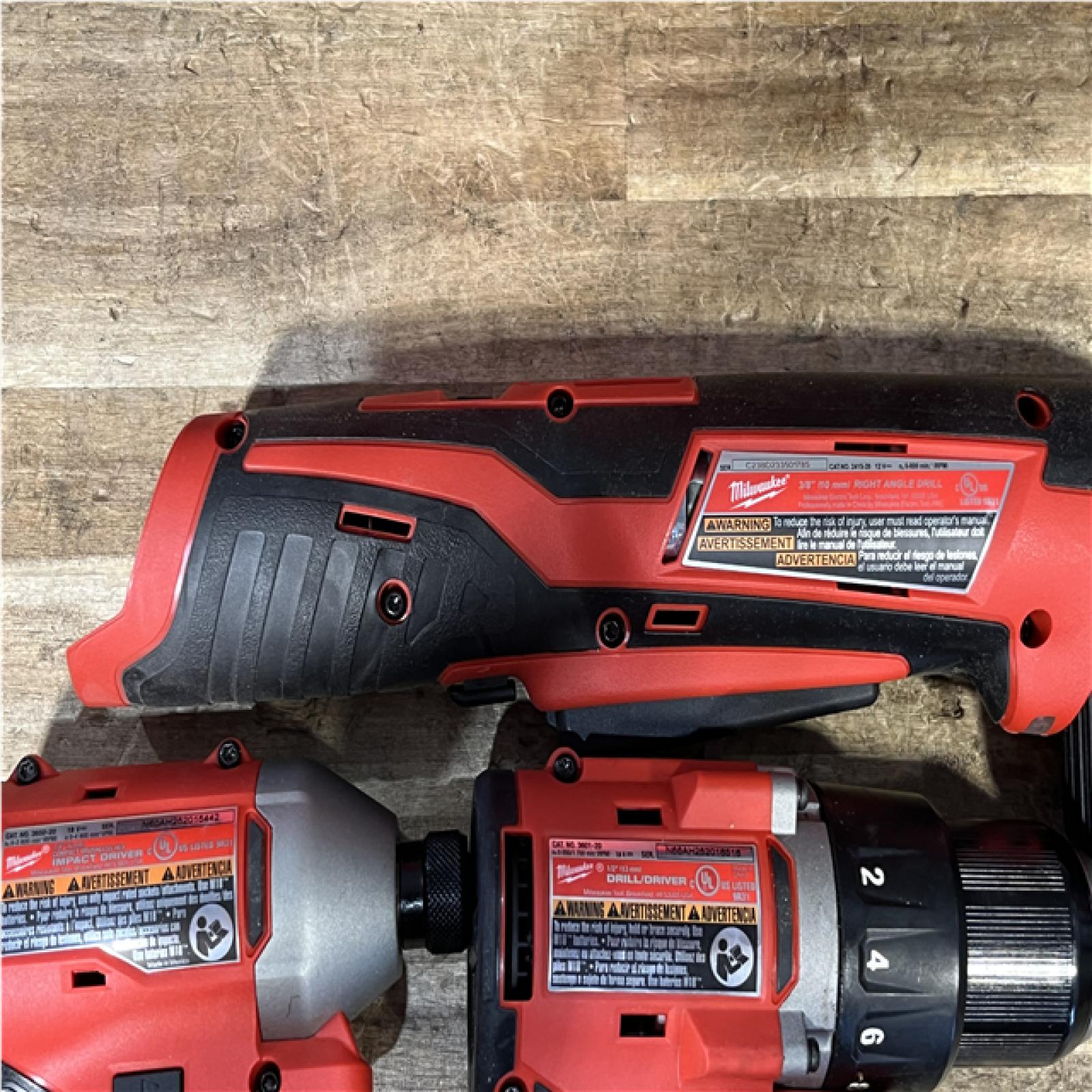 Houston Location AS-IS Milwaukee Drill Driver and Impact Driver and Right Angle Drill and Batteries QTY/2 and Charger