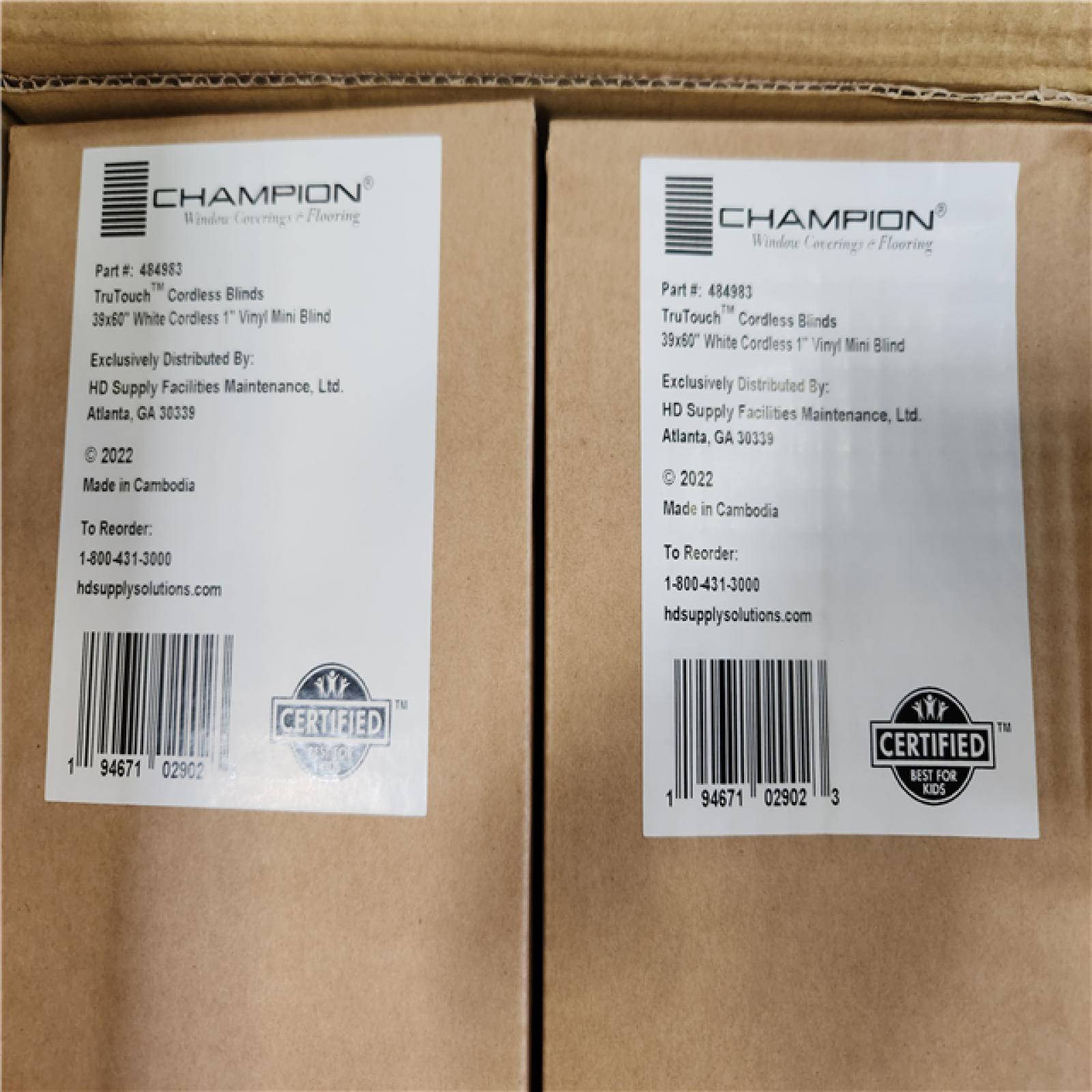 Phoenix Location NEW Champion TruTouch Cordless Blinds 39x60 White Cordless 1 Vinyl Blind 4Pcs Pallet (44 Boxes)